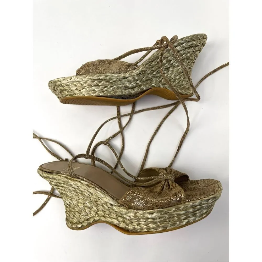 Stuart Weitzman Wishful Espadrilles Wedge Tan Nairobi‎ Patch Ankle Wrap Size 10